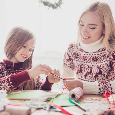 Lovely Blonde With Her Mommy Doing Handcraft Activity, Enjoying.