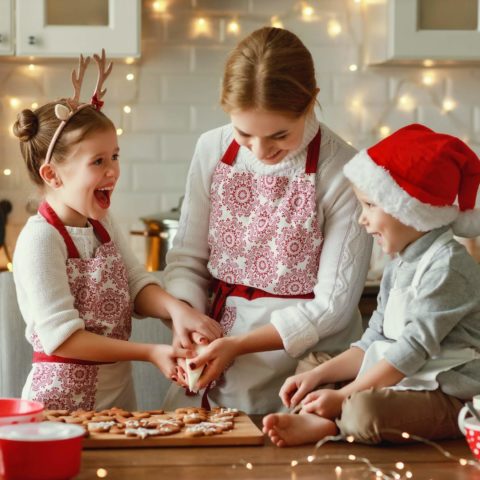 Happy Funny Family Mother And Children  Bake Christmas Cookies O
