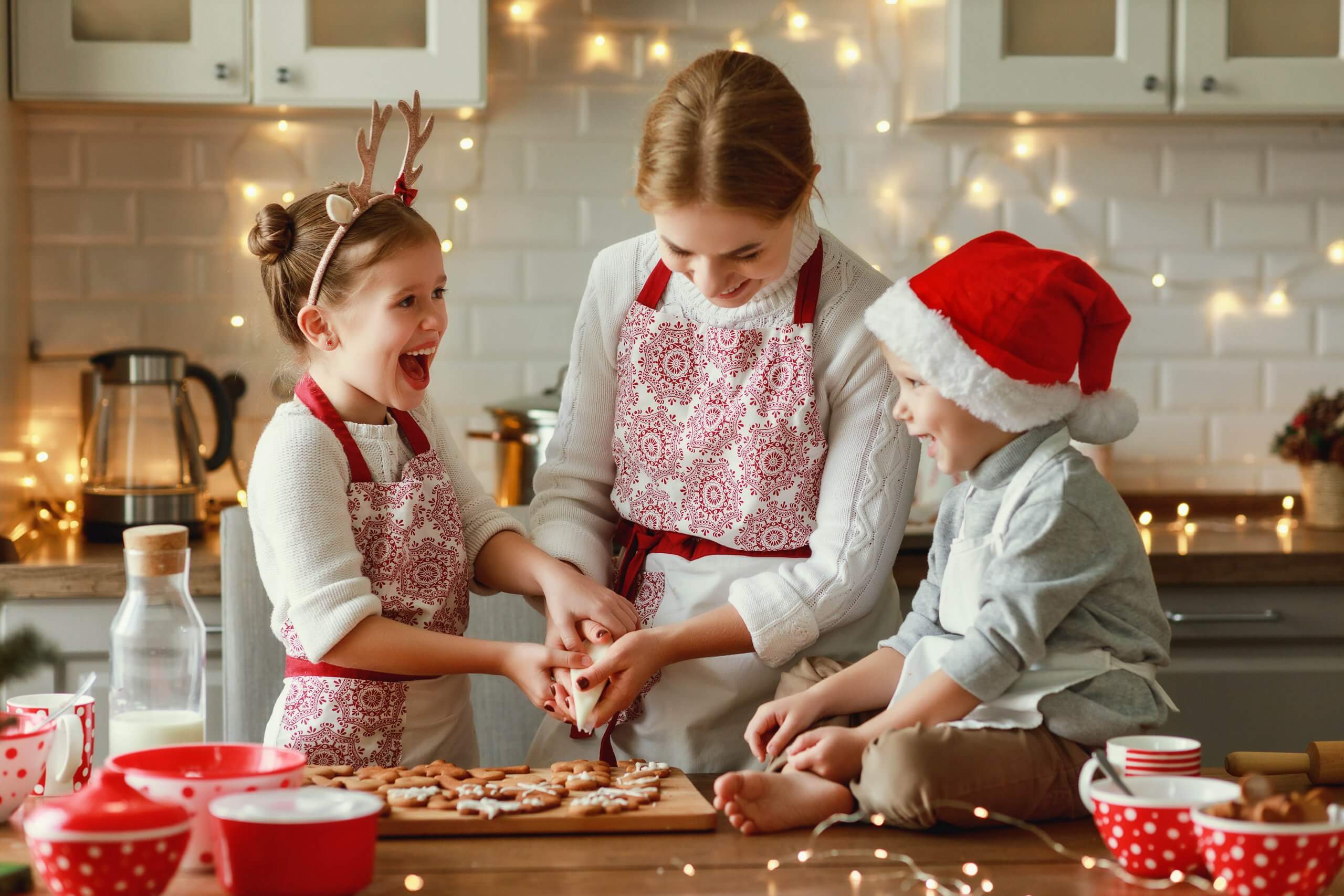Happy Funny Family Mother And Children  Bake Christmas Cookies O